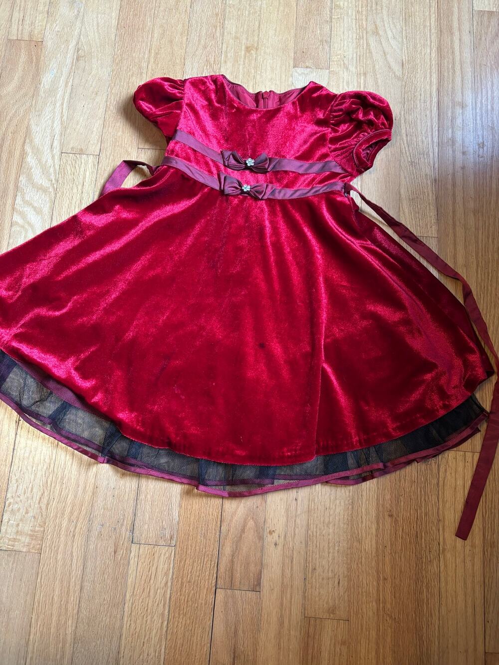 Bonnie Jean Girls 4T Burgundy Velvet Christmas Dress - Rhinestone Bows + Tulle